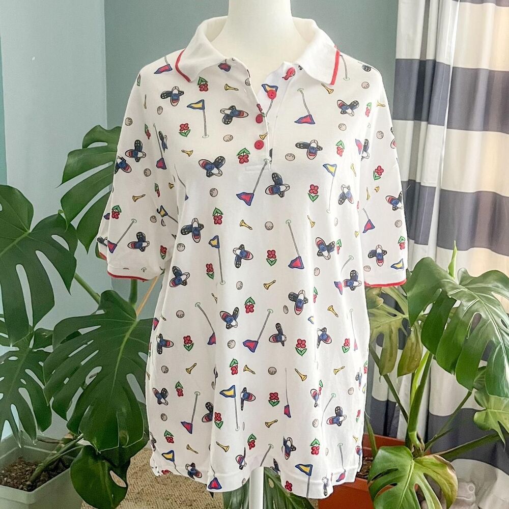 Vintage 90s Classic Elements golf print white and multi-coloured polo shirt L - Picture 8 of 8
